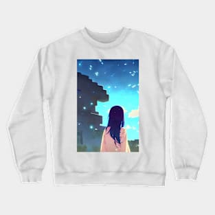 Cute Anime Girl Blue Spark Lights Castle Landscape Crewneck Sweatshirt